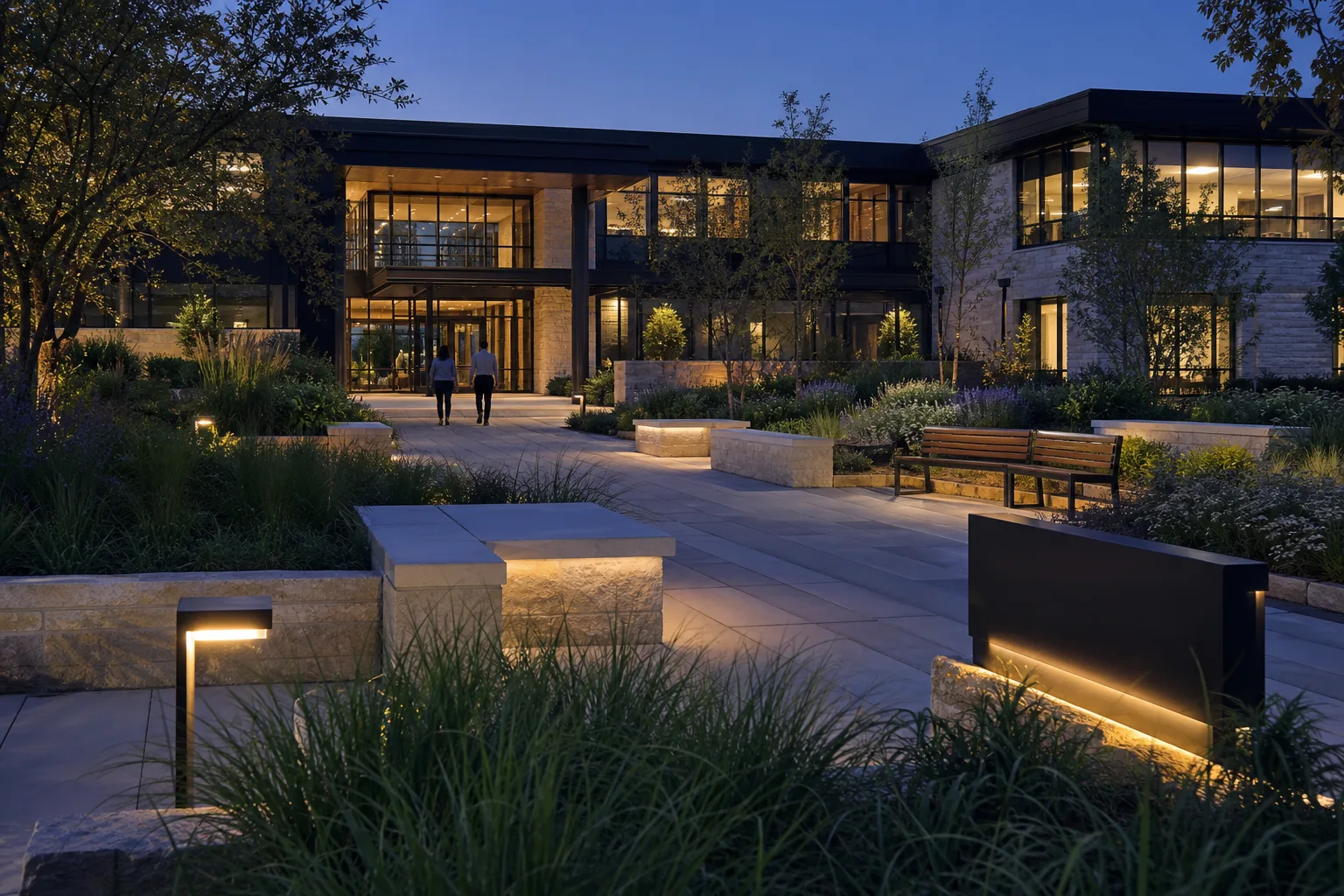 Fictional commercial courtyard at dusk