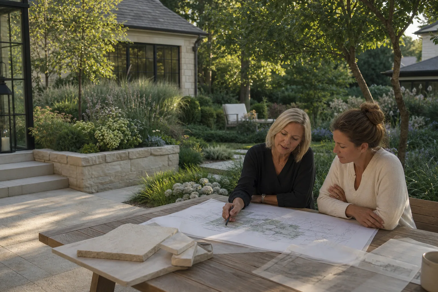 Fictional designer and homeowner reviewing a landscape plan