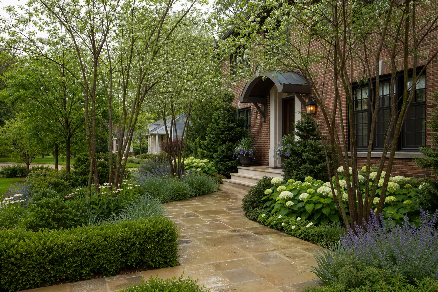 Layered fictional front entry garden after rain