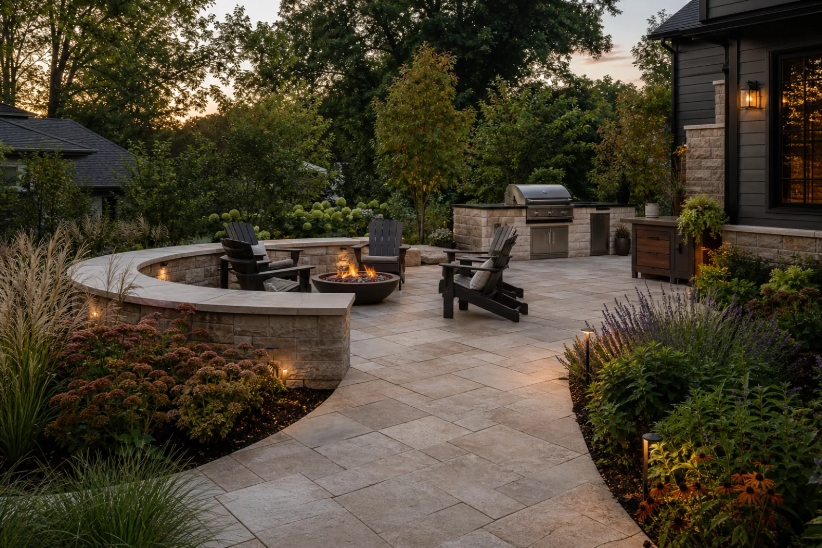 Concept project showing a limestone patio, fire feature, outdoor kitchen, and layered planting