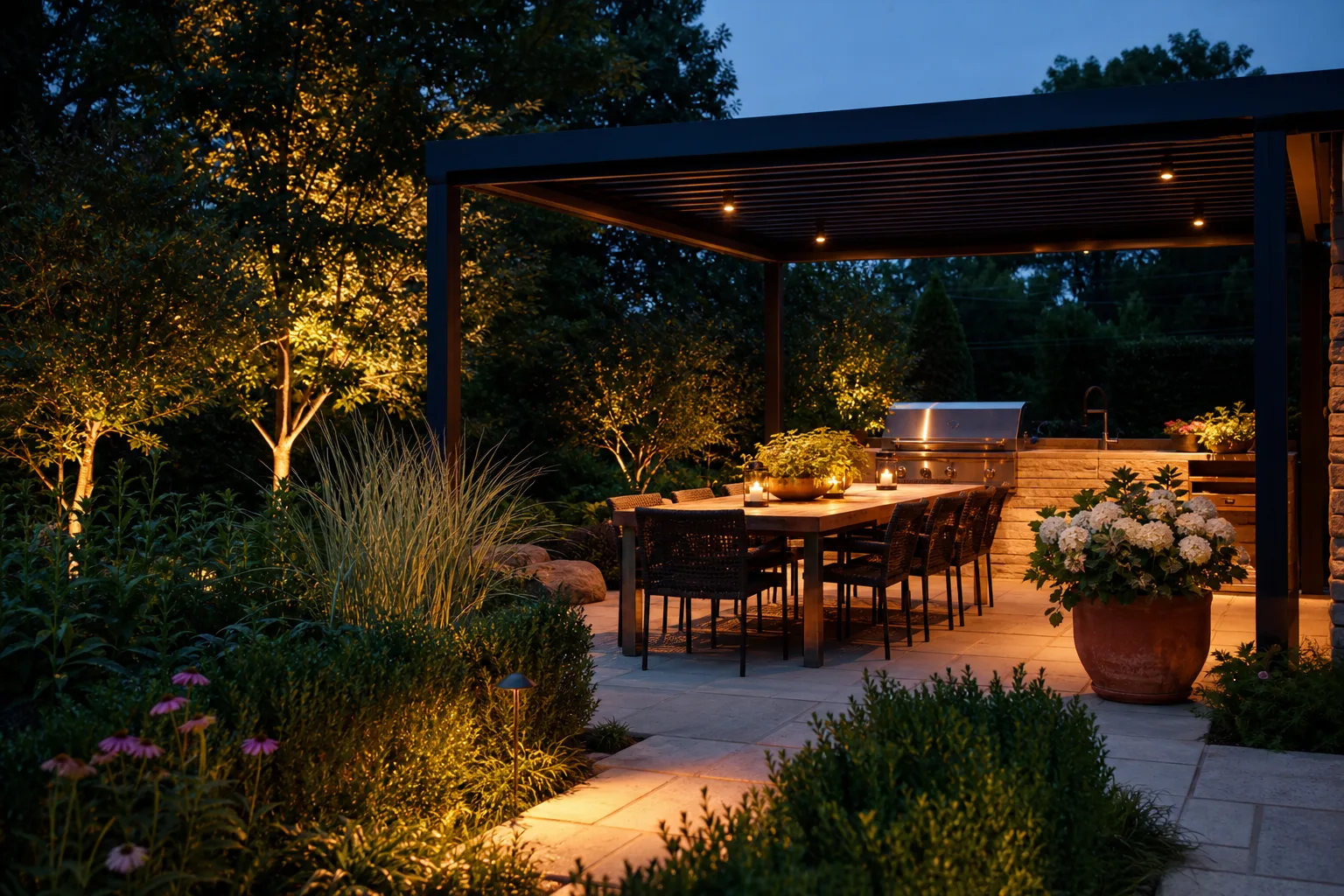 Fictional illuminated outdoor dining terrace