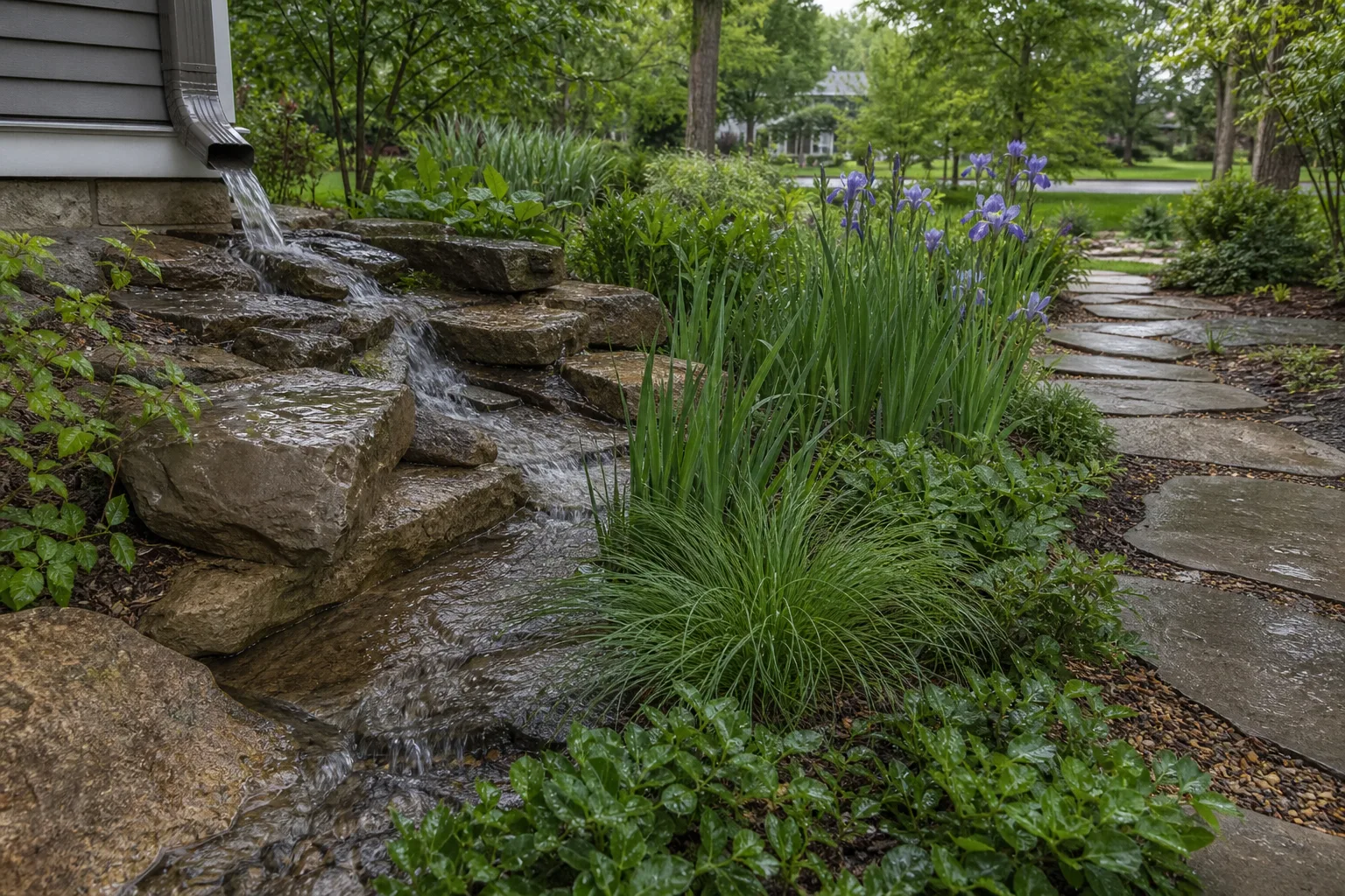 Fictional planted rain garden receiving roof runoff